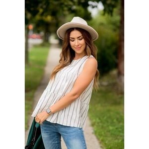Ivory Striped Sleeveless Peplum Tank Top